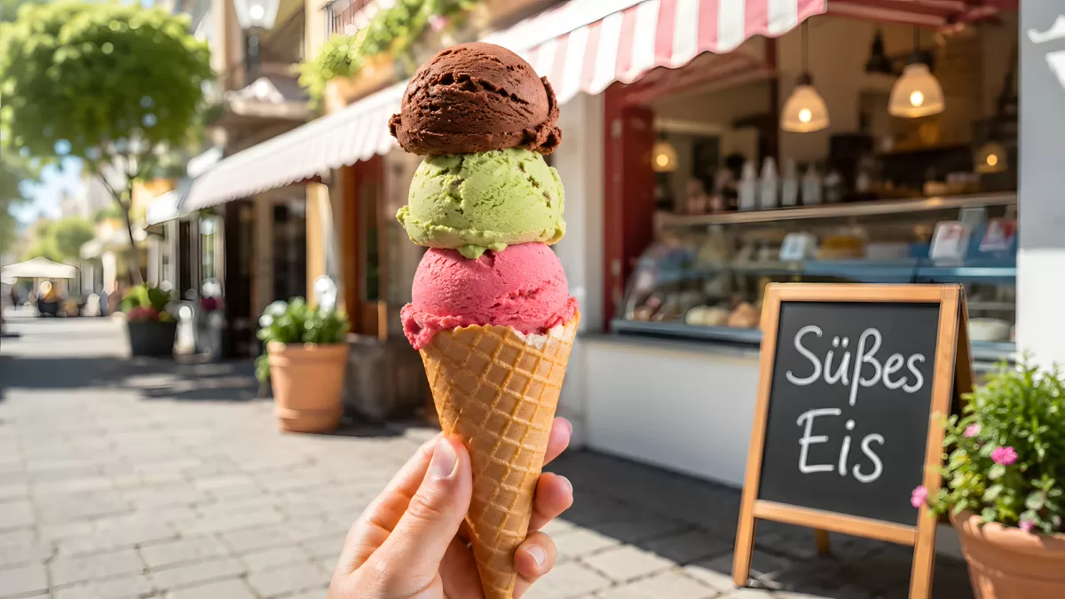 Drei Eiskugeln auf Waffelkeis vor einem Eiscafé