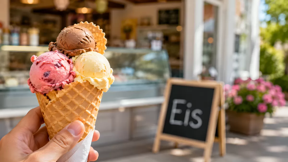 Drei Eiskugeln im Waffelkegel vor Eiscafé
