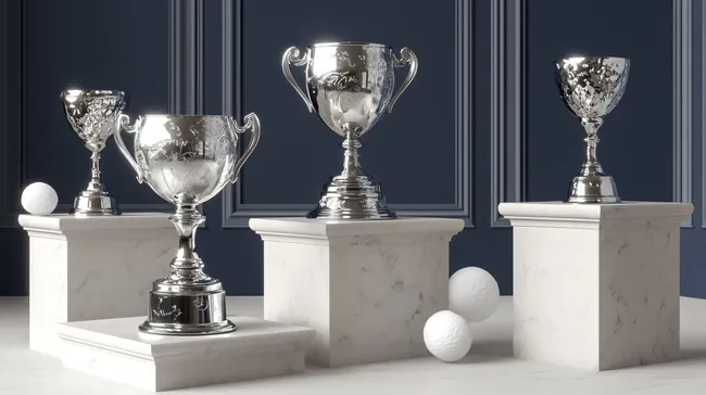 Drei elegante Silberpokale auf Marmorsockel