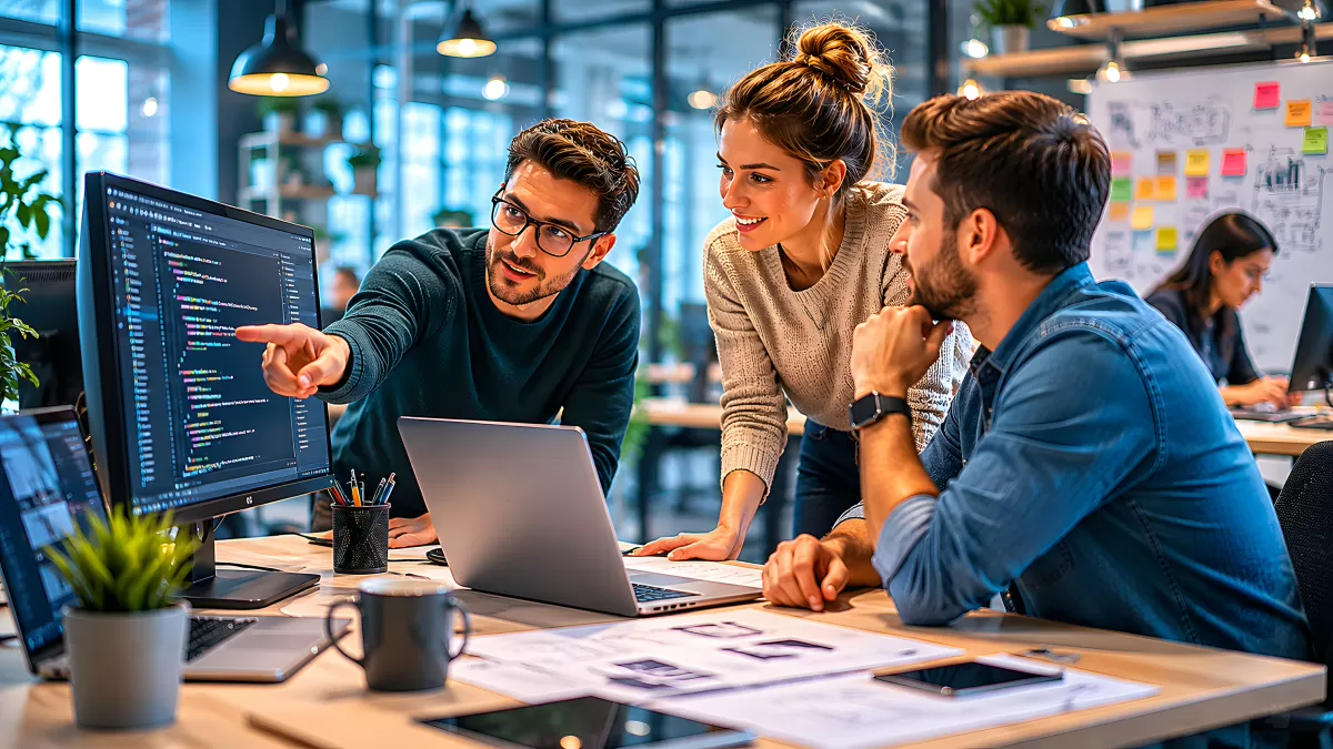 Drei Entwickler besprechen Code im modernen Büro
