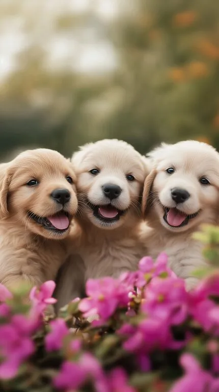 Drei entzückende Golden Retriever-Welpen in Blumen