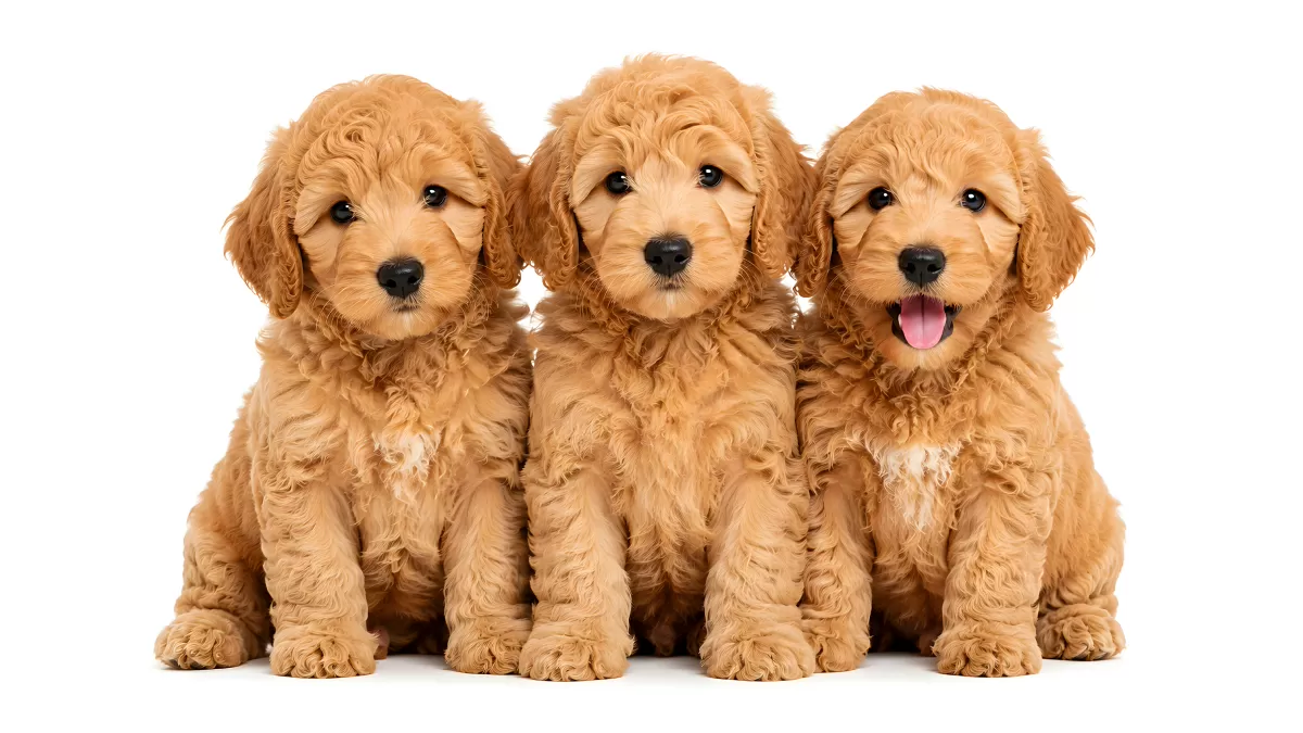 Drei flauschige Goldendoodle-Welpen sitzen nebeneinander