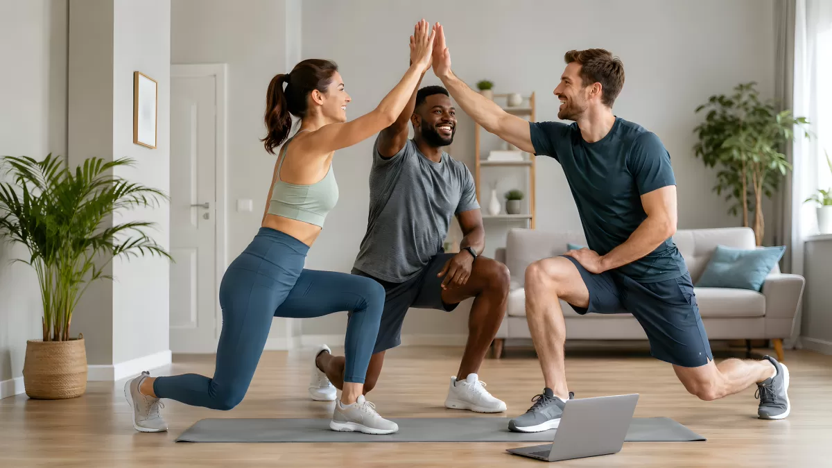 Drei Freunde beim gemeinsamen Heimtraining im Wohnzimmer