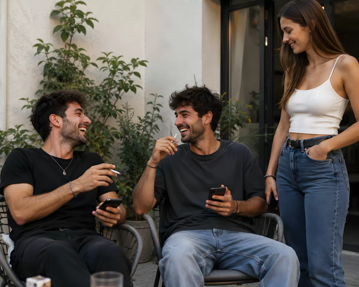 Drei Freunde lachen zusammen auf einer Terrasse