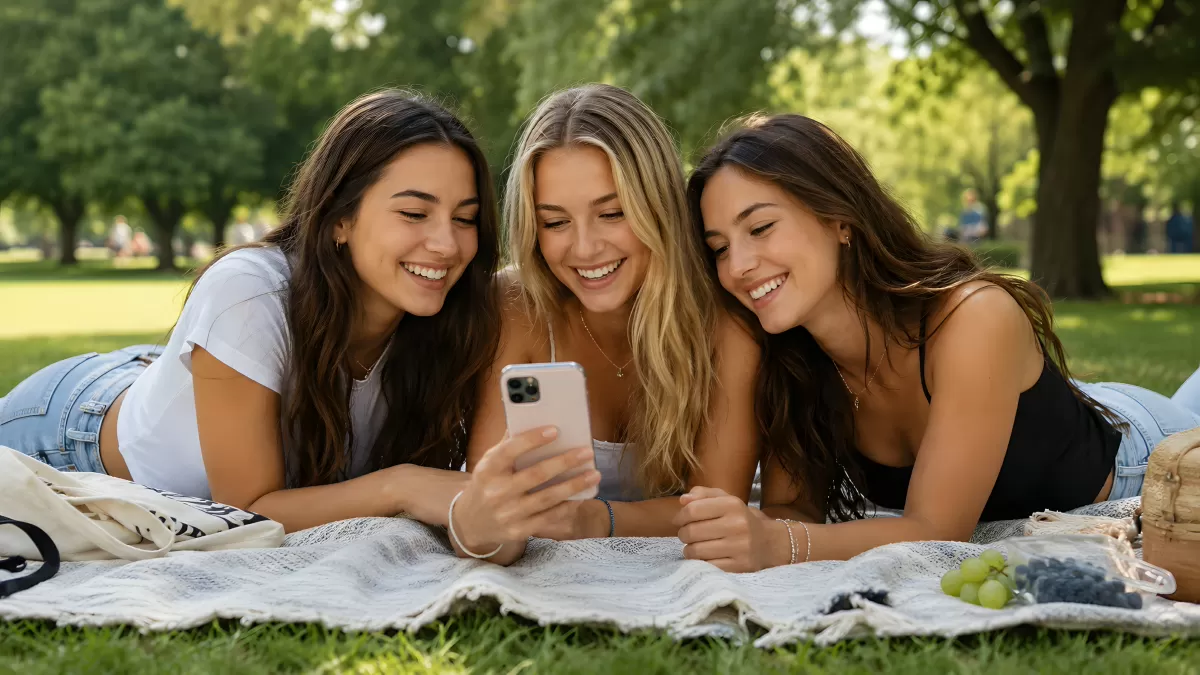 Drei Freundinnen beim Picknick im Park mit Smartphone