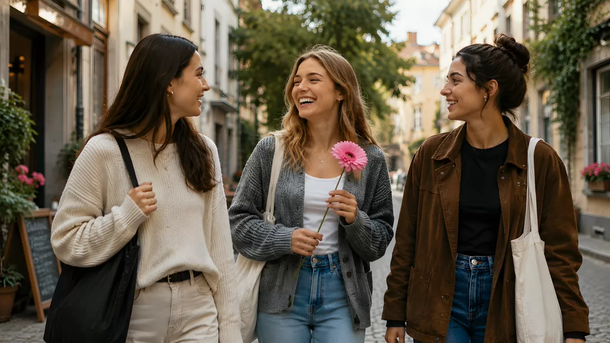 Drei Freundinnen lachen beim Spaziergang in der Stadt