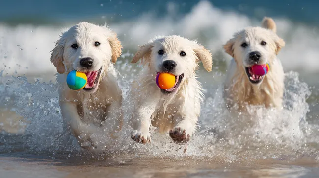 Drei fröhliche Golden Retriever-Welpen am Strand