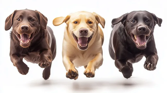 Drei fröhliche Labrador Retriever springen in Aktion