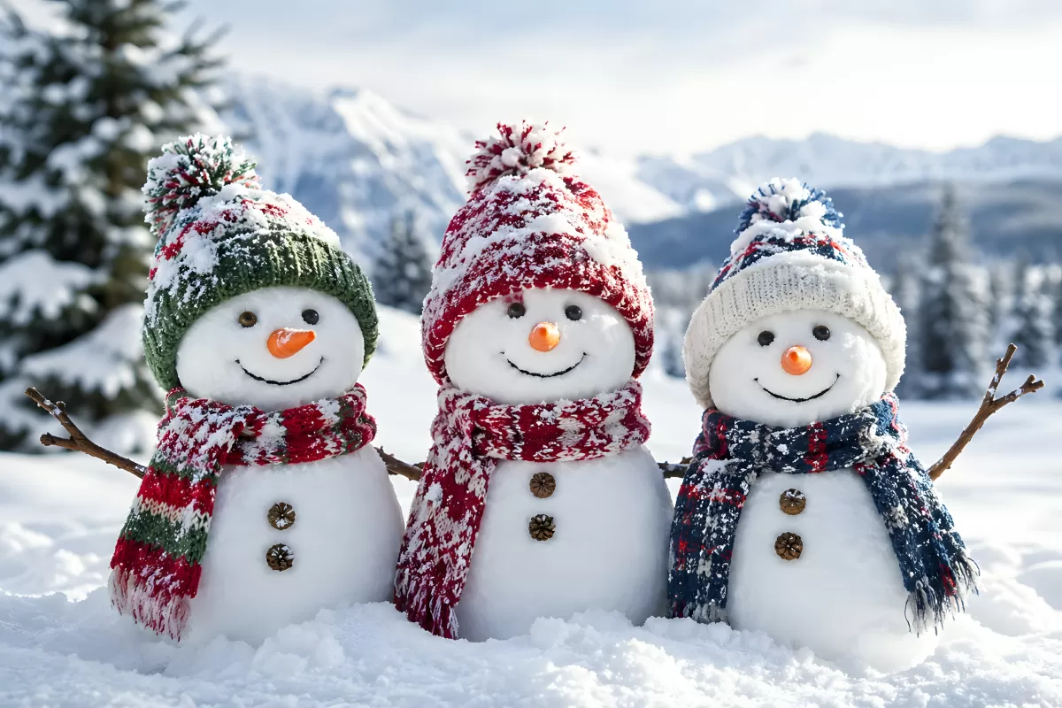 Drei fröhliche Schneemänner mit Mützen im Winter