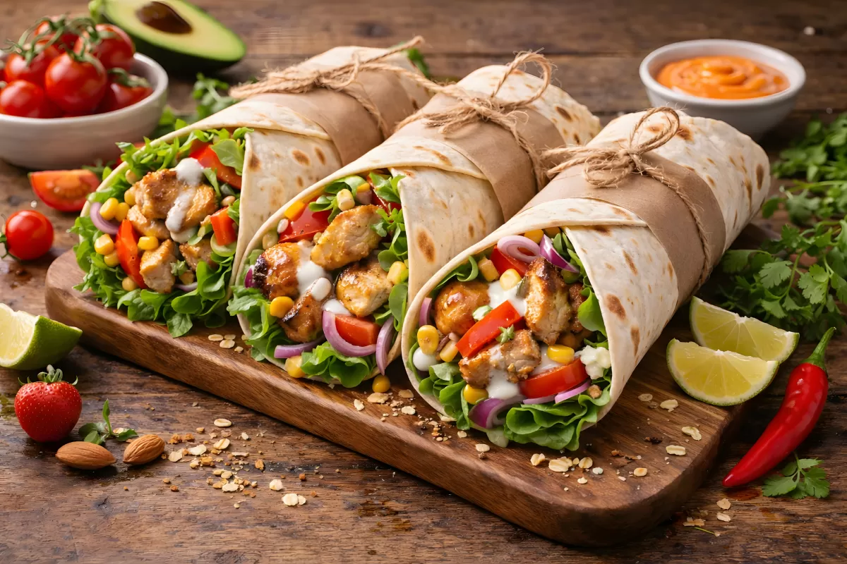 Drei gefüllte Wraps mit Hähnchen und frischem Gemüse