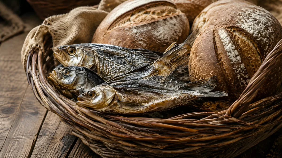 Drei getrocknete Fische und Brotlaibe im Weidenkorb