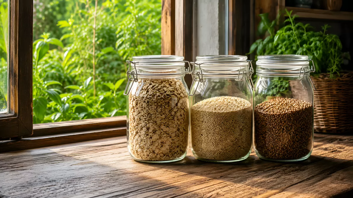 Drei Glasgefäße mit Haferflocken, Quinoa und Buchweizen