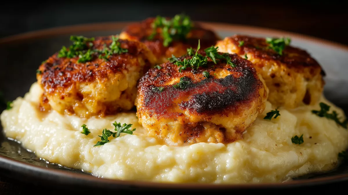 Drei goldbraune Frikadellen auf cremigem Kartoffelpüree