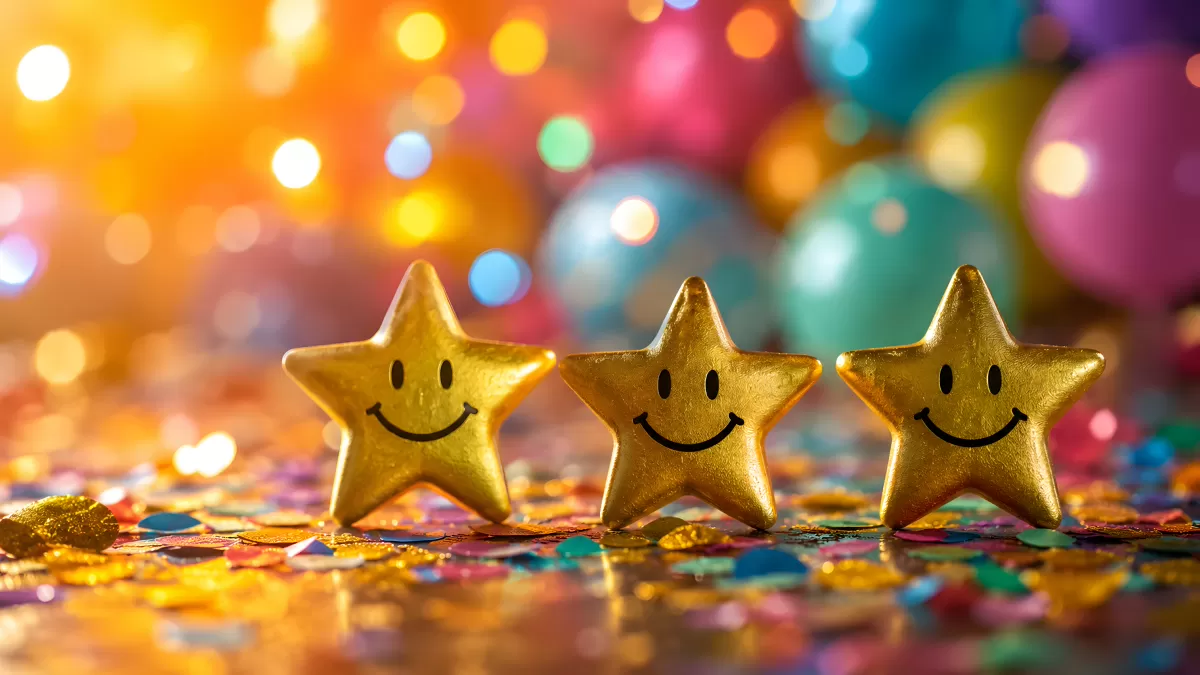 Drei goldene Sternfiguren mit Lächeln und Konfetti