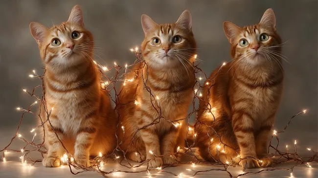 Drei Ingwer-Katzen in Weihnachtsbeleuchtung