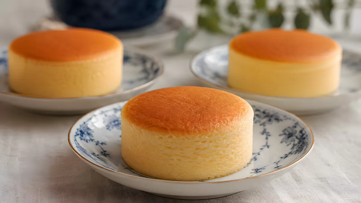 Drei japanische Käsekuchen auf blauen Tellern