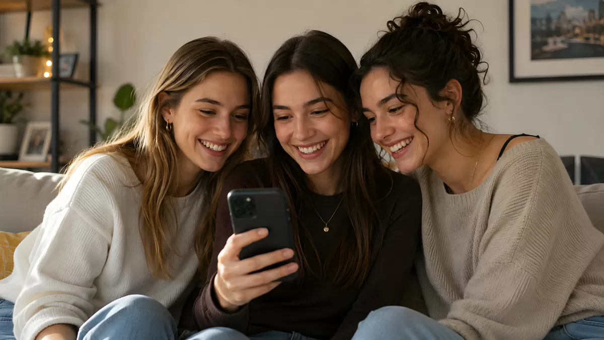 Drei junge Frauen lachen gemeinsam über Smartphone