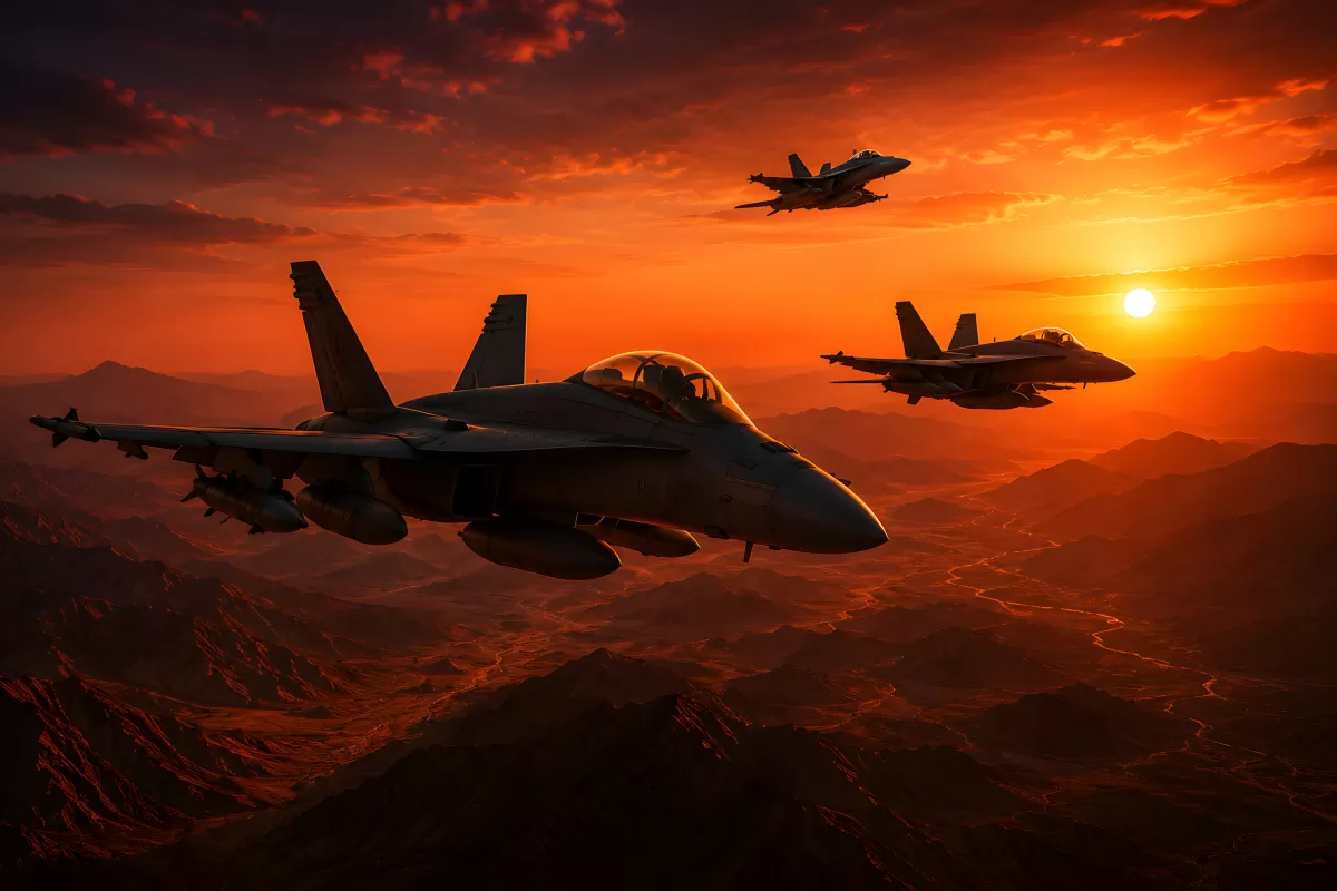 Drei Kampfjets im Formation über Wüstenlandschaft bei Sonnenuntergang