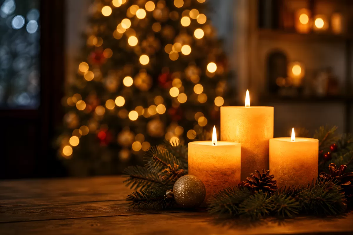 Drei Kerzen auf Holztisch mit Weihnachtsbaum im Hintergrund