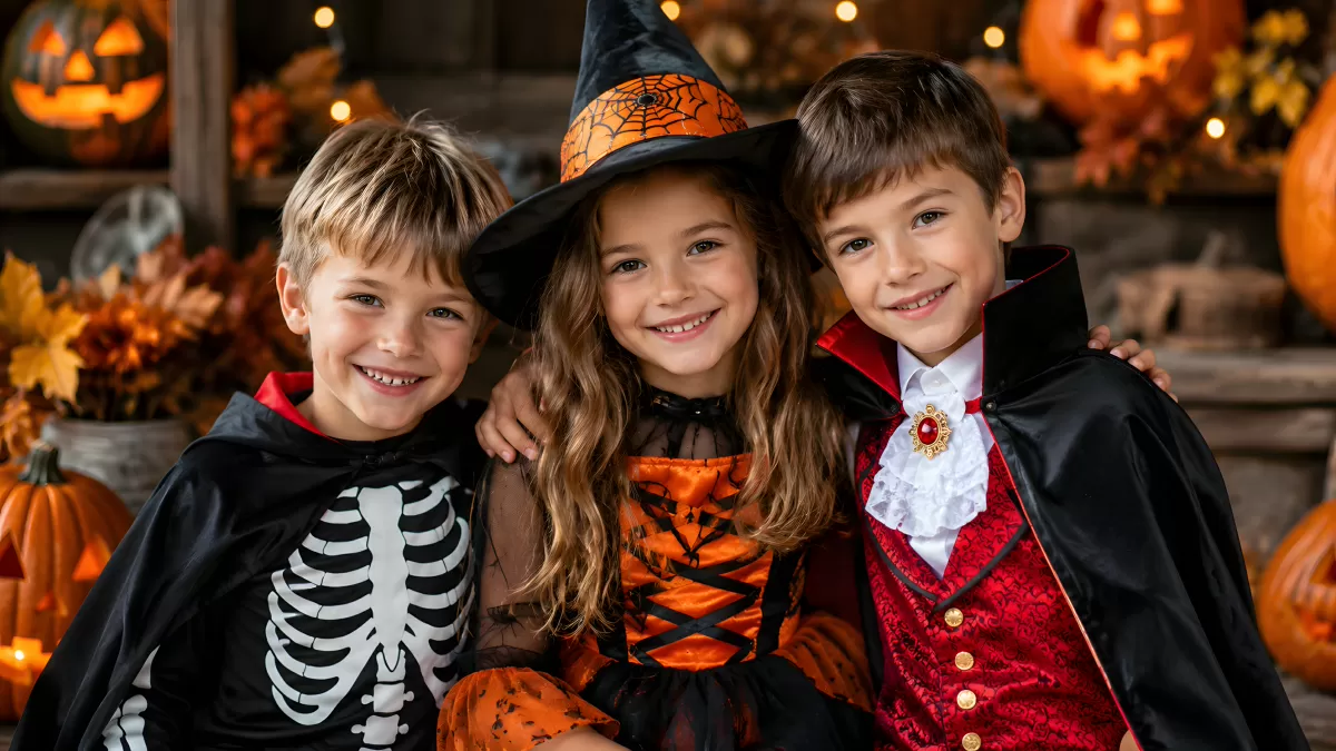 Drei Kinder in Halloween-Kostümen vor Kürbissen
