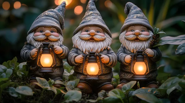 Drei leuchtende Gartenzwerge mit Laternen im Dunkeln