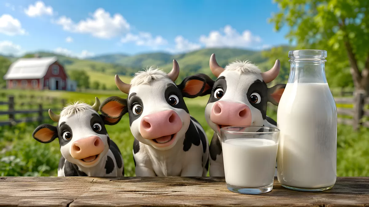 Drei lustige Cartoon-Kühe mit Milch auf dem Bauernhof