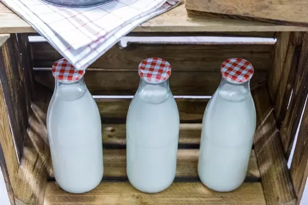 Drei Milchflaschen im Landhausstil, in einer alten Weinkiste