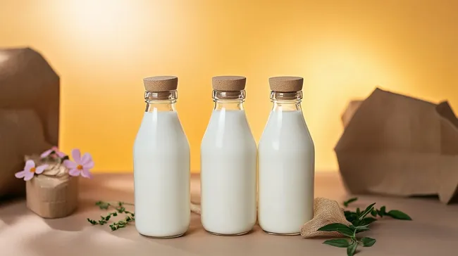 Drei Milchflaschen in minimalistischer Szene mit gelbem Hintergrund