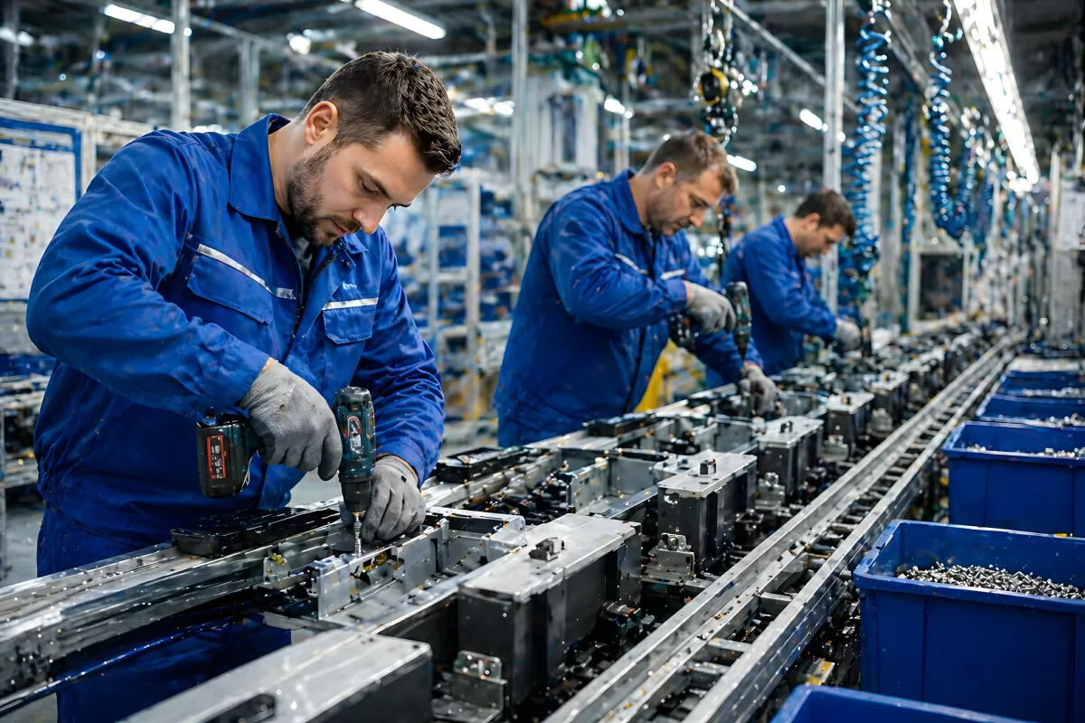 Drei Monteure bei der Arbeit an einer Fertigungslinie