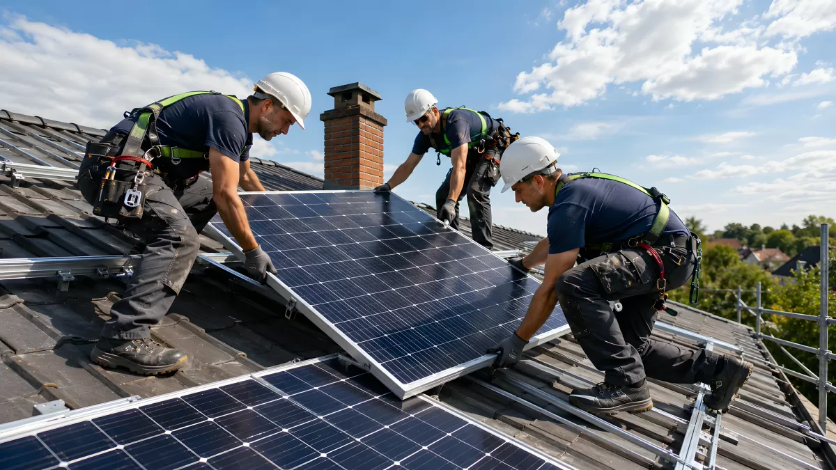 Drei Monteure installieren Solarmodule auf Hausdach