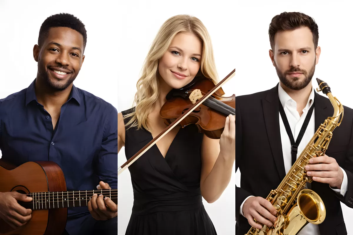 Drei Musiker mit Gitarre, Geige und Saxofon