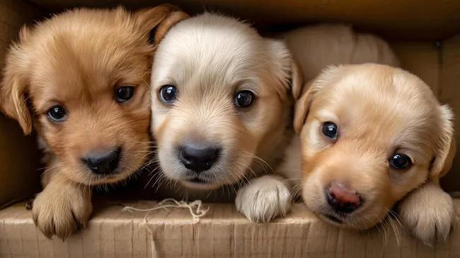 Drei niedliche Hundewelpen in Pappkarton