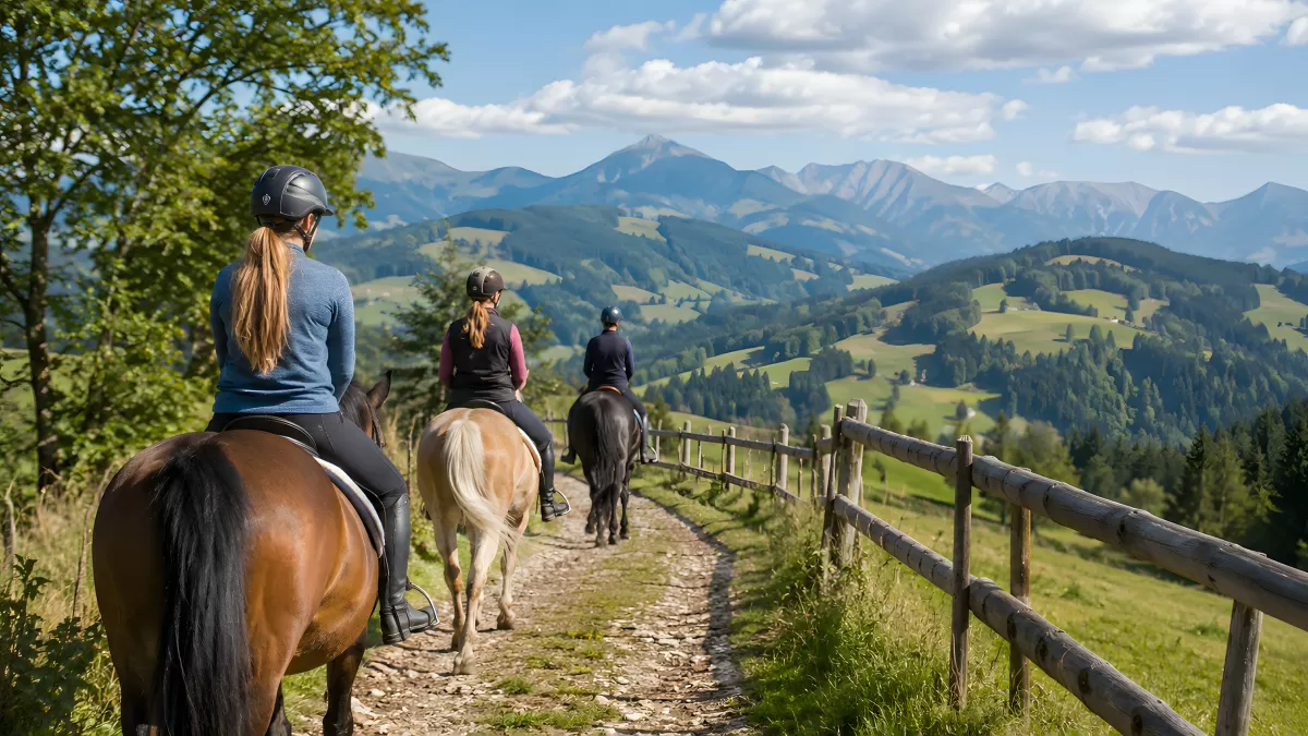 Drei Reiter auf Bergpfad mit alpiner Landschaft
