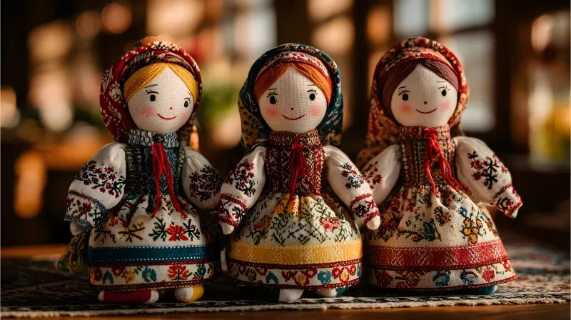 Drei rumänische Stoffpuppen in traditioneller Tracht