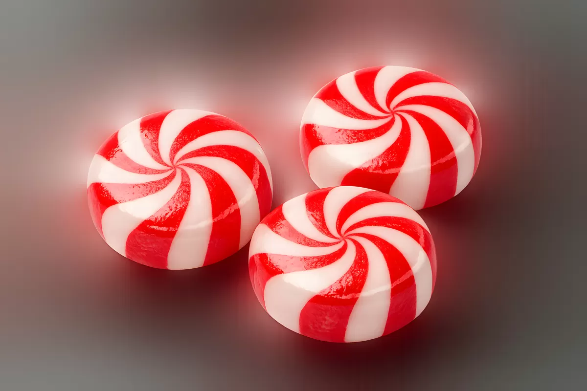 Drei runde Pfefferminzbonbons mit rotem Wirbeldesign