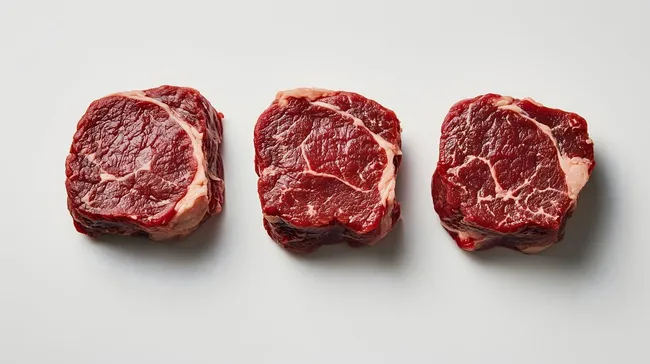 Drei saftige Rindfleischstücke auf weißem Hintergrund