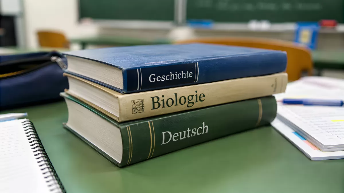 Drei Schulbücher gestapelt auf einem Schultisch