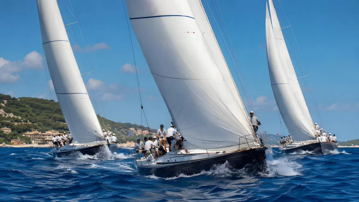 Drei Segelyachten beim Regatta-Rennen auf blauem Meer