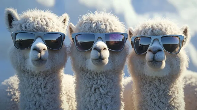 Drei süße Alpakas in Sonnenbrillen
