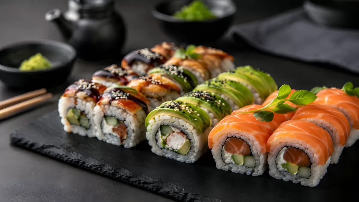 Drei Sushi-Rollen auf schwarzem Schieferbrett