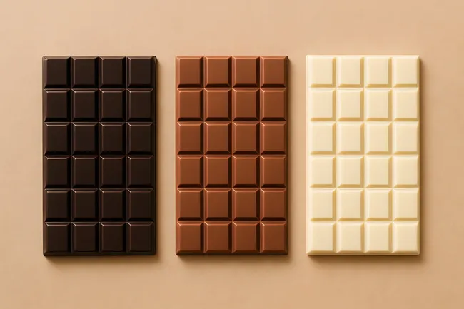 Drei Tafeln Zartbitterschokolade, Vollmilchschokolade und weiße Schokolade