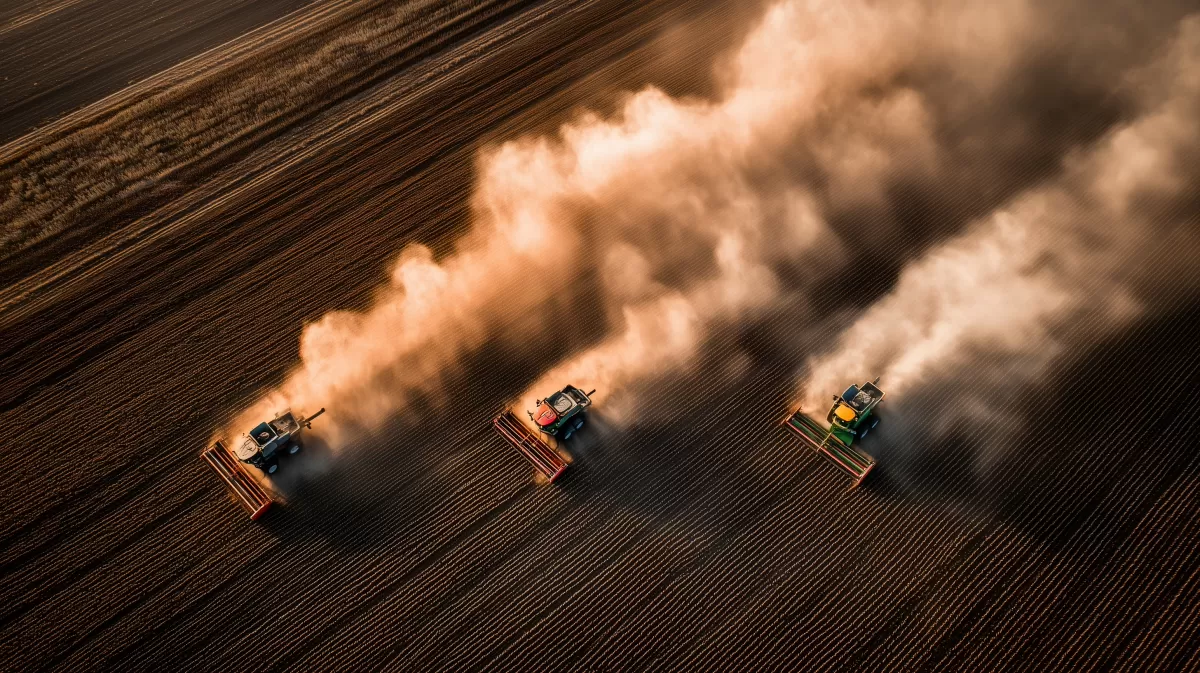 Drei Traktoren auf staubigen Feldern