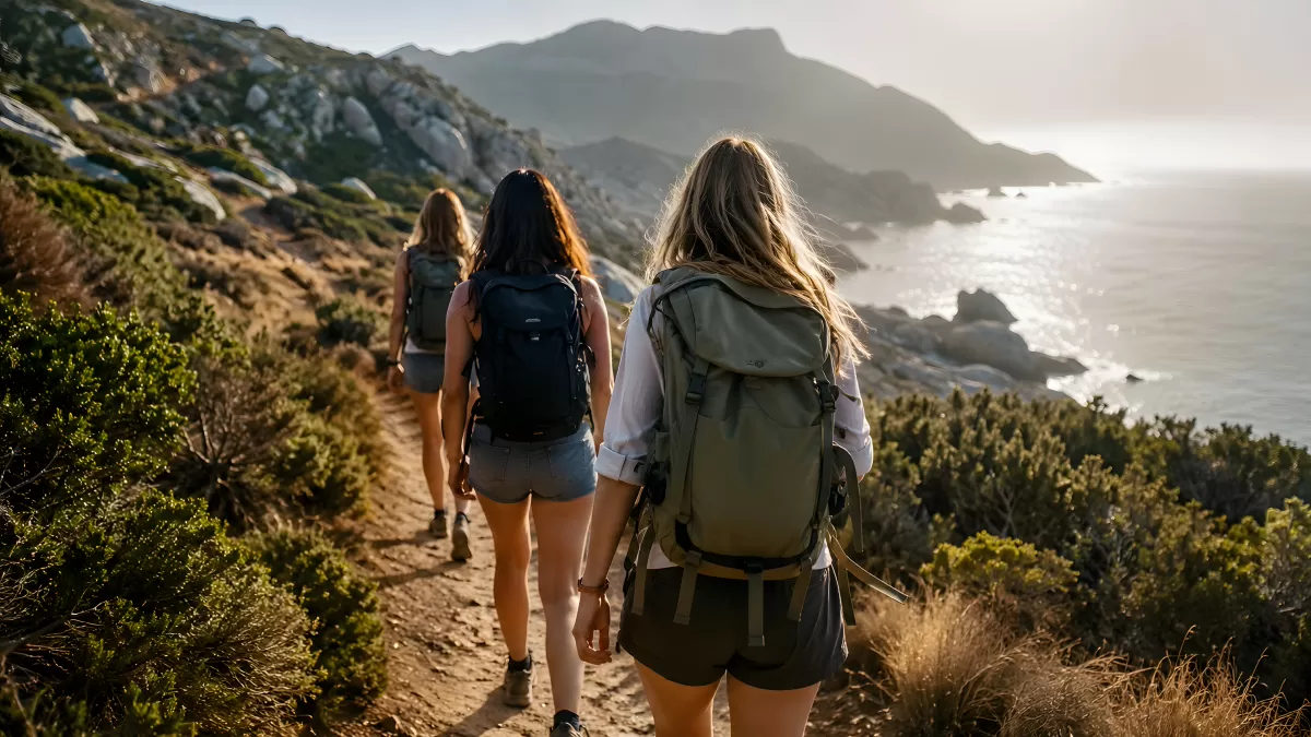 Drei Wanderinnen auf Küstenpfad mit Meeresblick