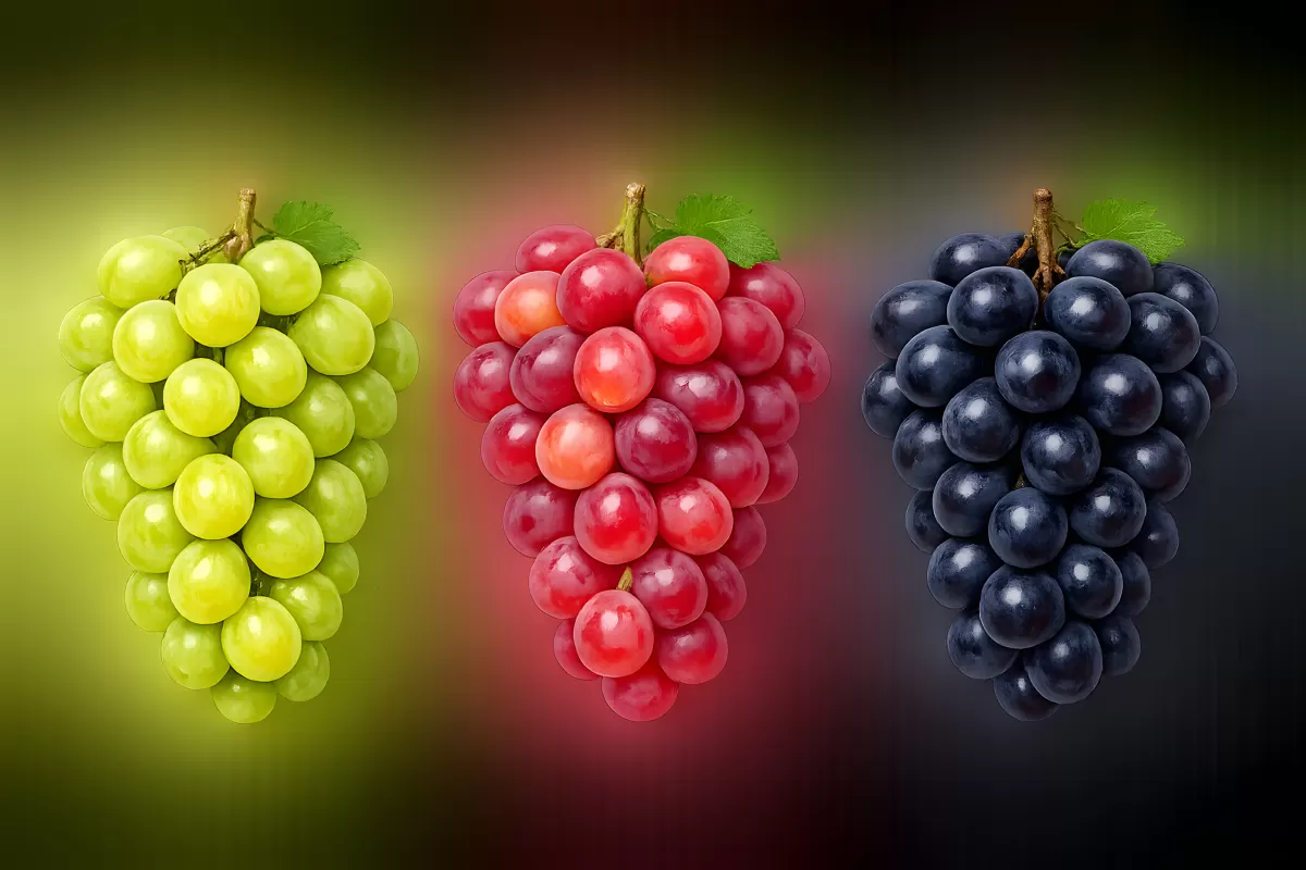 Drei Weintrauben in Grün, Rot und Dunkelblau