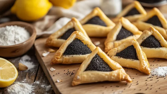 Dreieckige Mohnkekse auf Holzbrett