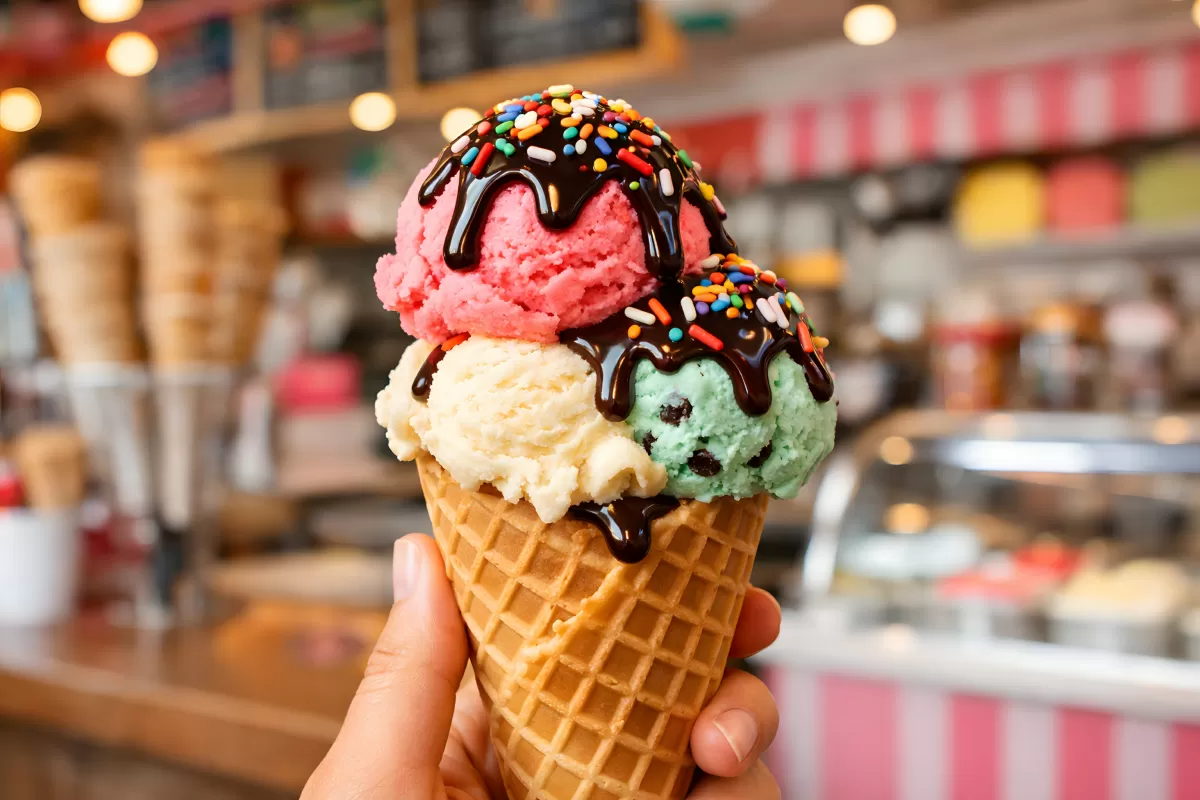 Dreifaches Eiswaffelhorn mit Schokoladensoße und Streuseln