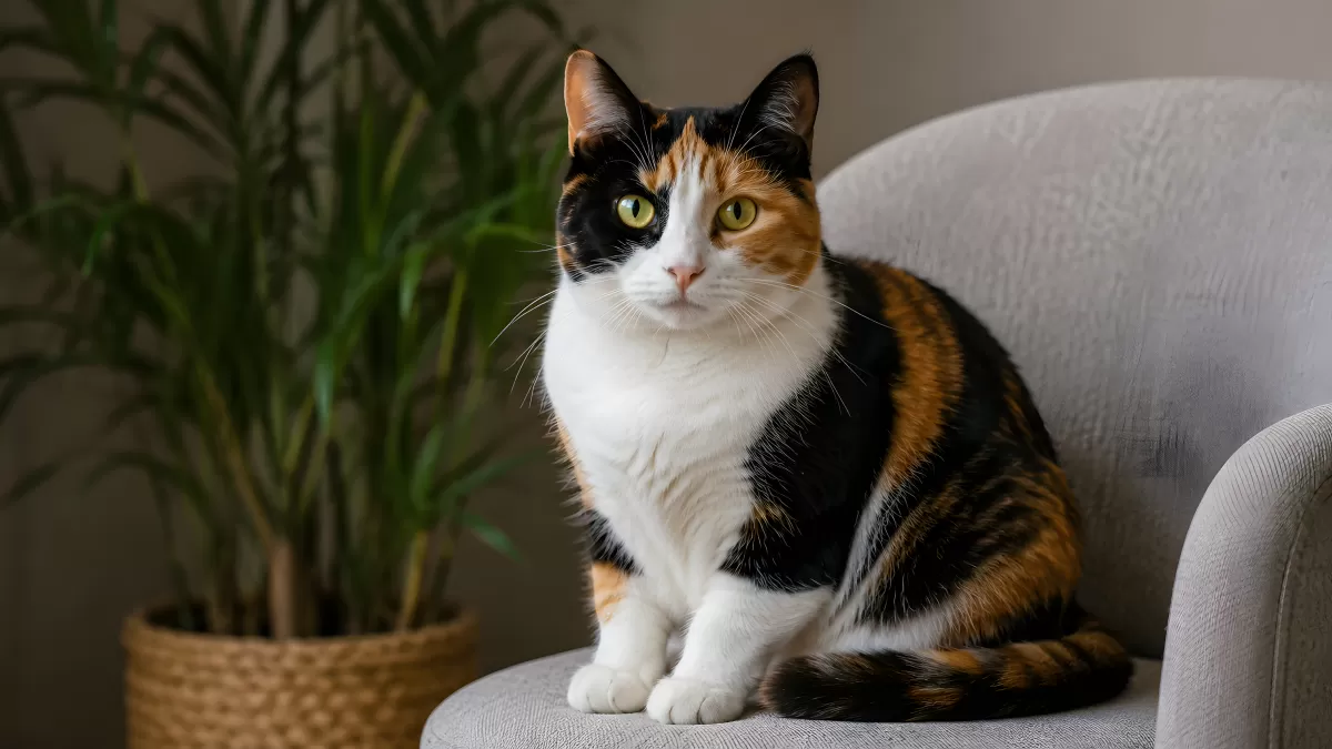 Dreifarbige Katze sitzt auf grauem Sessel