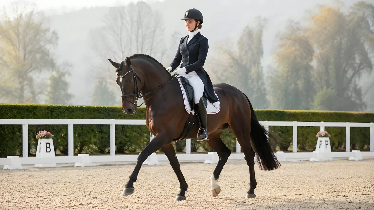 Dressurreiterin auf dunklem Warmblut im Viereck