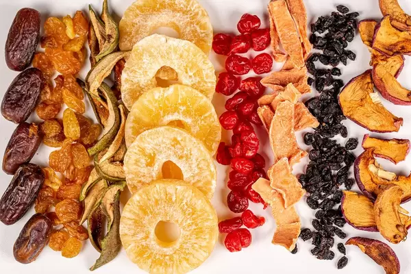Dried fruits, dried pumpkin and dried cherries with barberry, top view
