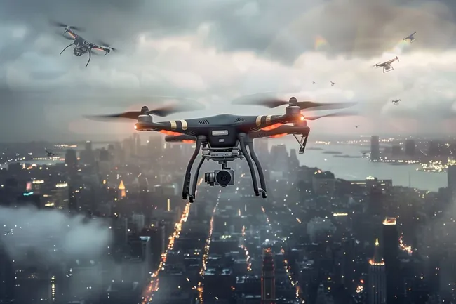 Drohne bei Nacht über der Stadt